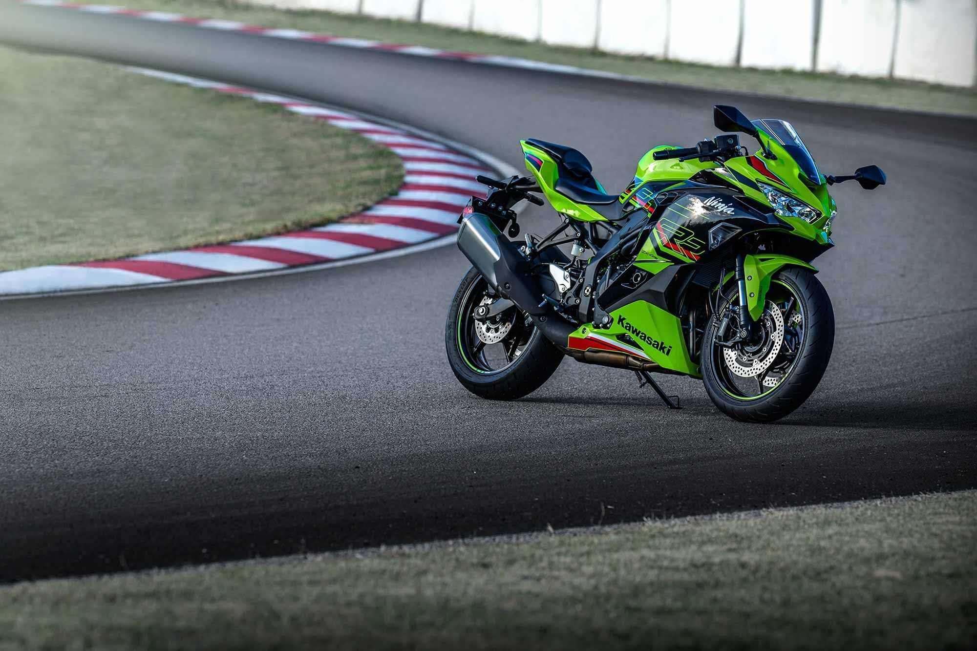 The brand-new Kawasaki ZX-4RR KRT Edition in its intended environment, the Autopolis International Circuit in Kyushu, Japan.
