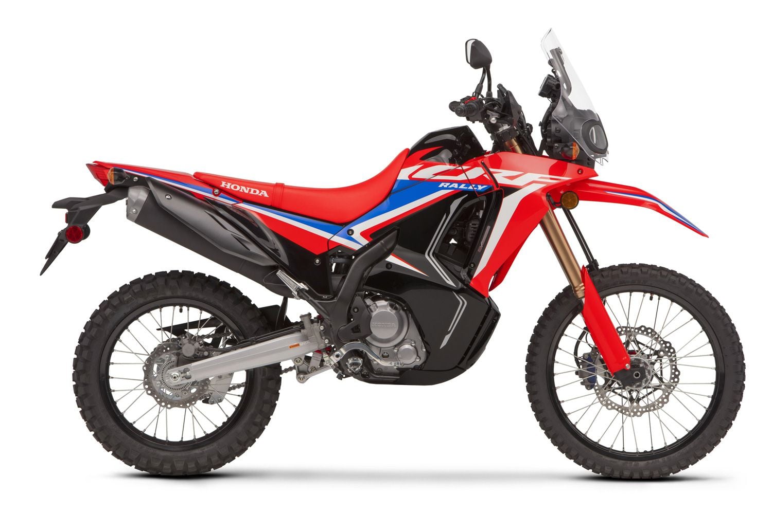 The CRF300L Rally shares much with the CRF300L but gets a rally-inspired fairing and larger fuel tank.