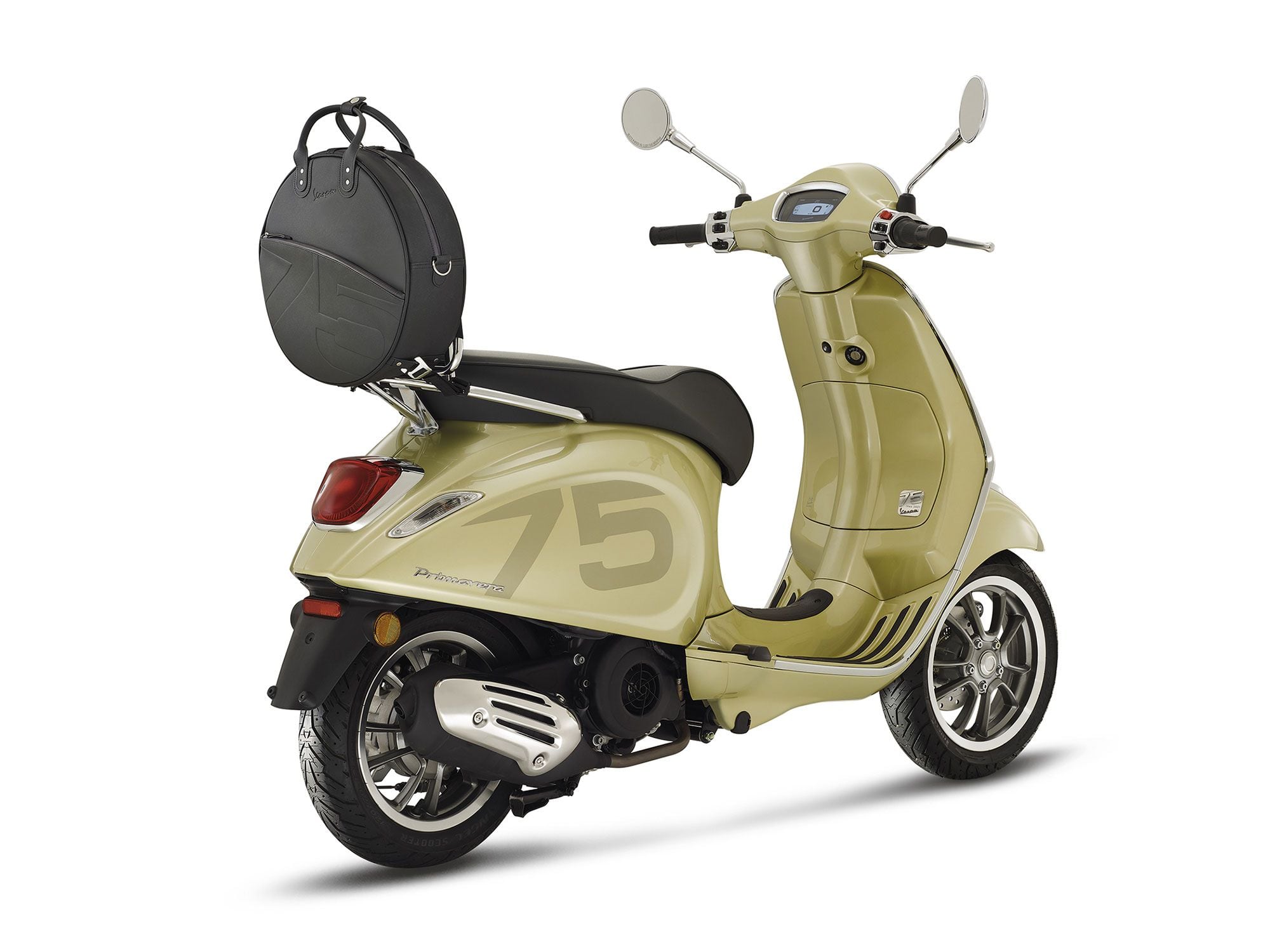 A spare-tire-shaped leather bag is included with the 75th Anniversary Edition Vespa models.