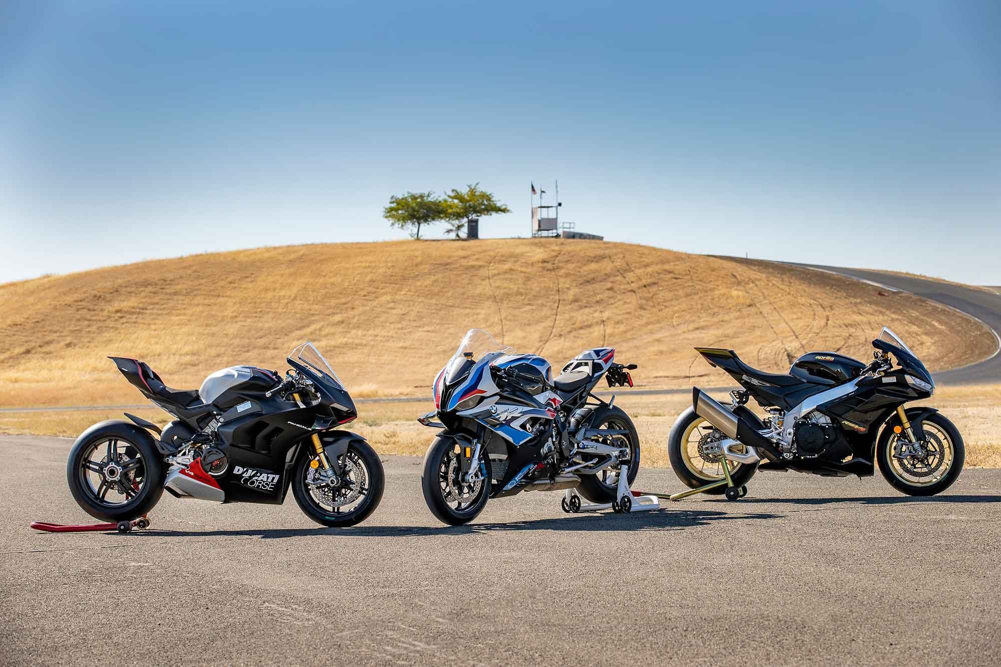 The Superbike Shootout Class of 2022—the reigning champion Aprilia RSV4 Factory, the homologation-special repli-racer BMW M 1000 RR, and the tricked-out Ducati Panigale V4 SP2.