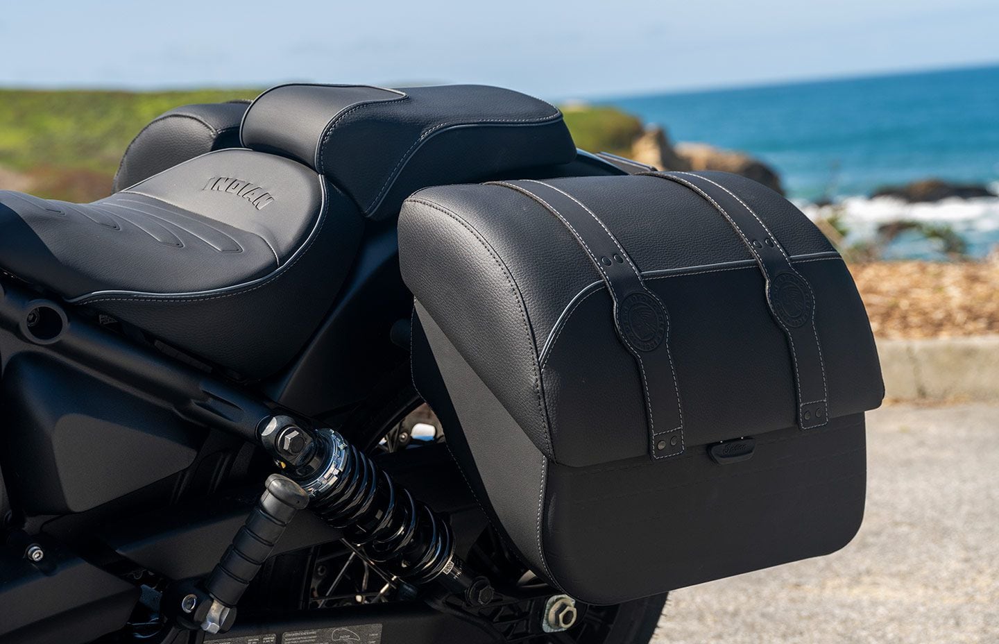 The 2025 Indian Super Scout gets saddlebags and a passenger seat as standard. The pull tap makes it easy to get into the bags.