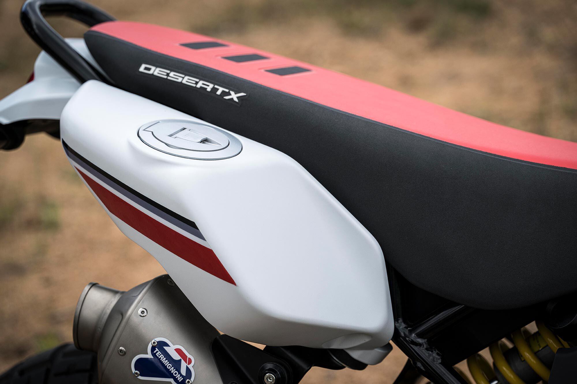 An accessory rear fuel tank increases the range of the DesertX.