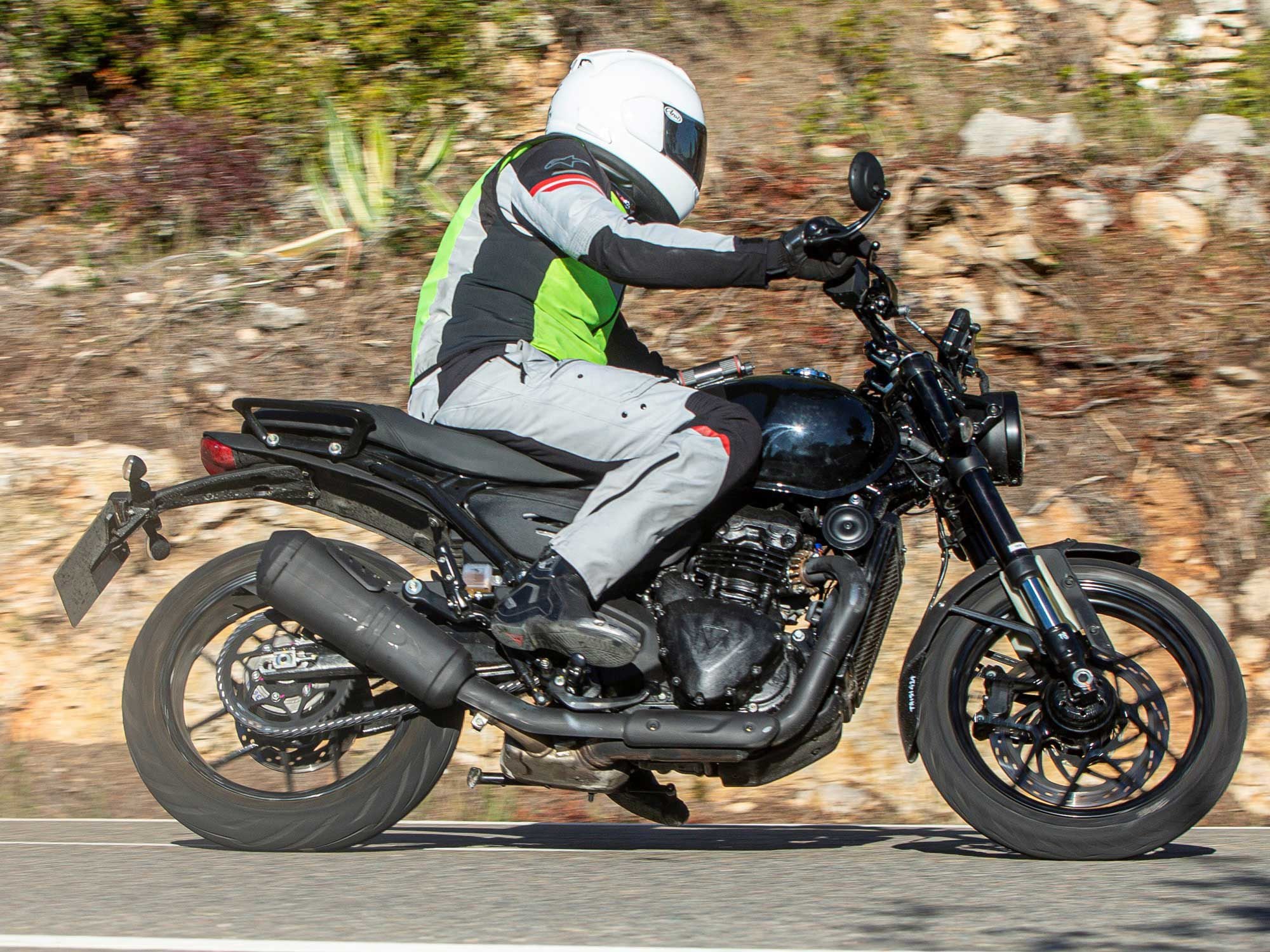 Both bikes have a standard tube steel frame and are powered by a single-cylinder engine, seemingly related to the parallel twin in the Bonneville.