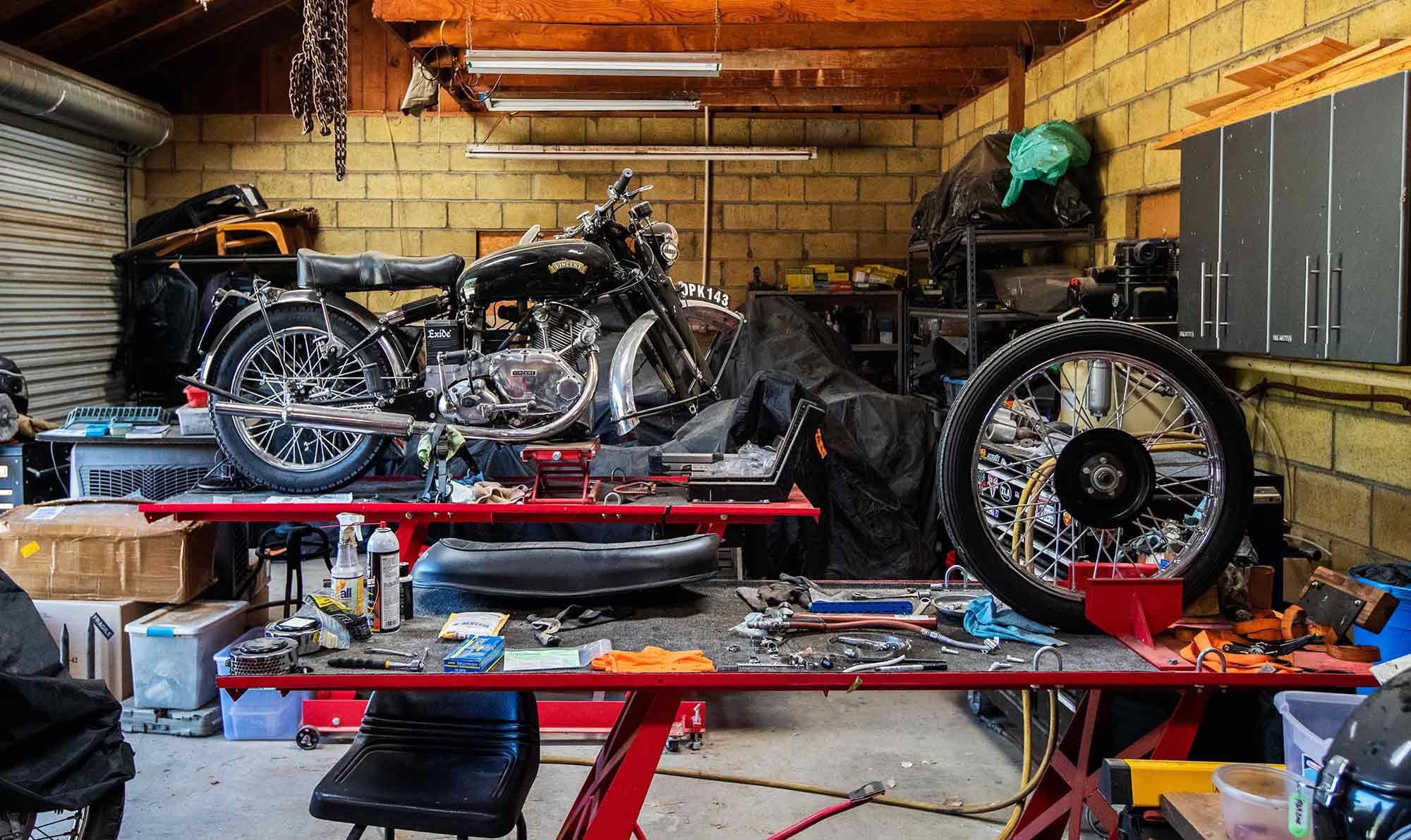 Haith sent some of his bikes out to be repaired and did some work himself. Among the projects he left behind was this rare 1959 Vincent Comet. The redressed brake drums had just been delivered to the ranch at the time of Haith’s passing.