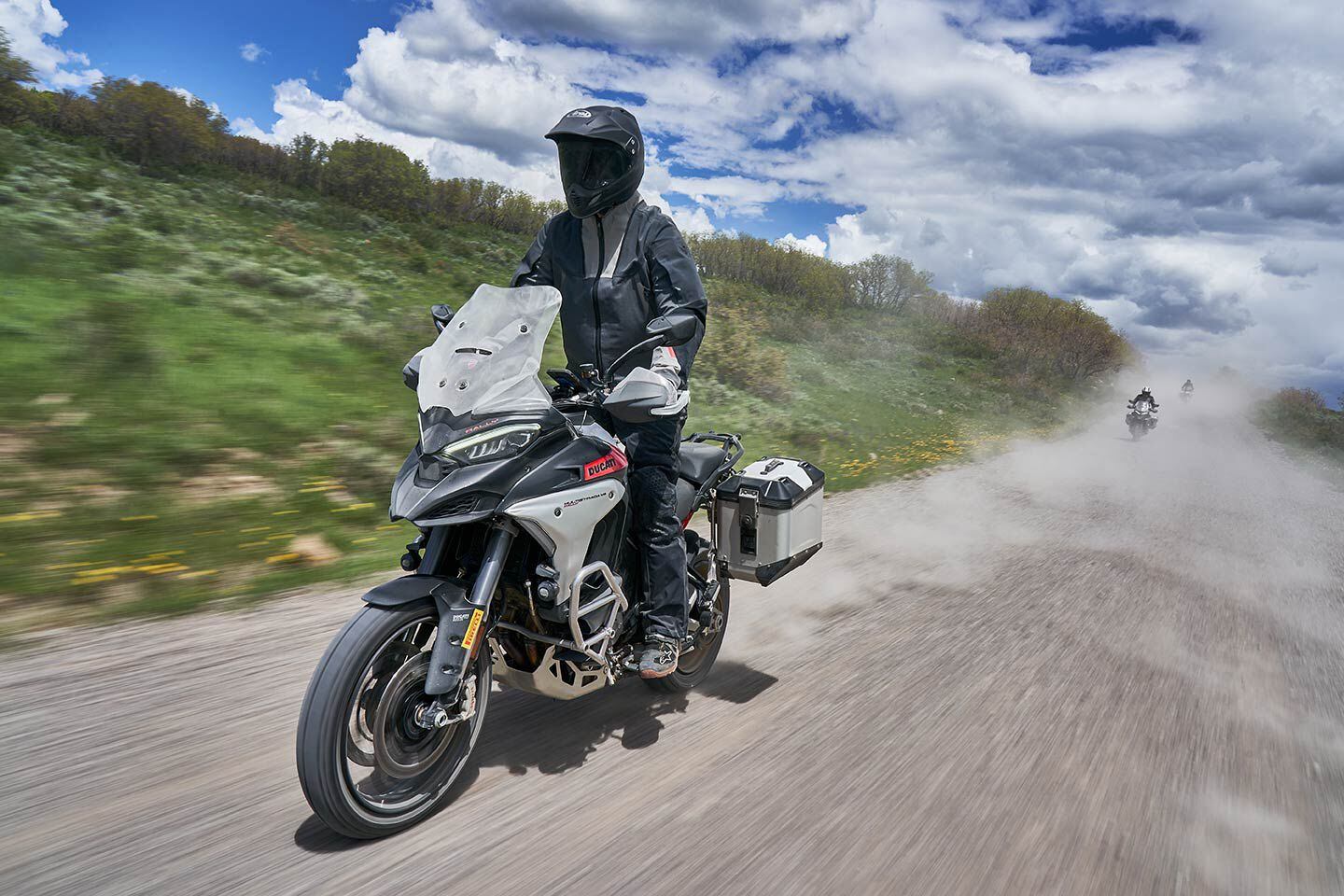 Ducati nailed the riding position for standing off-road; Conner is 5 feet, 11 inches. The reach to the tall bar is ideal, while the view over the windscreen is really good when lowered.