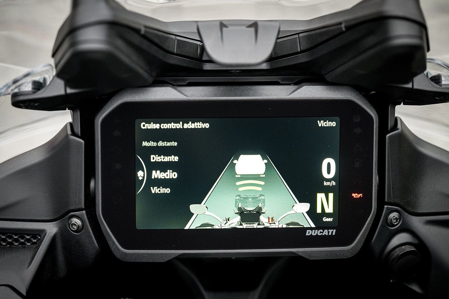 Ducati’s adaptive cruise control allows the user to set the distance to the vehicle in front of you and makes utilizing the feature so much easier. No having to disable your set speed every time you come up on another vehicle.