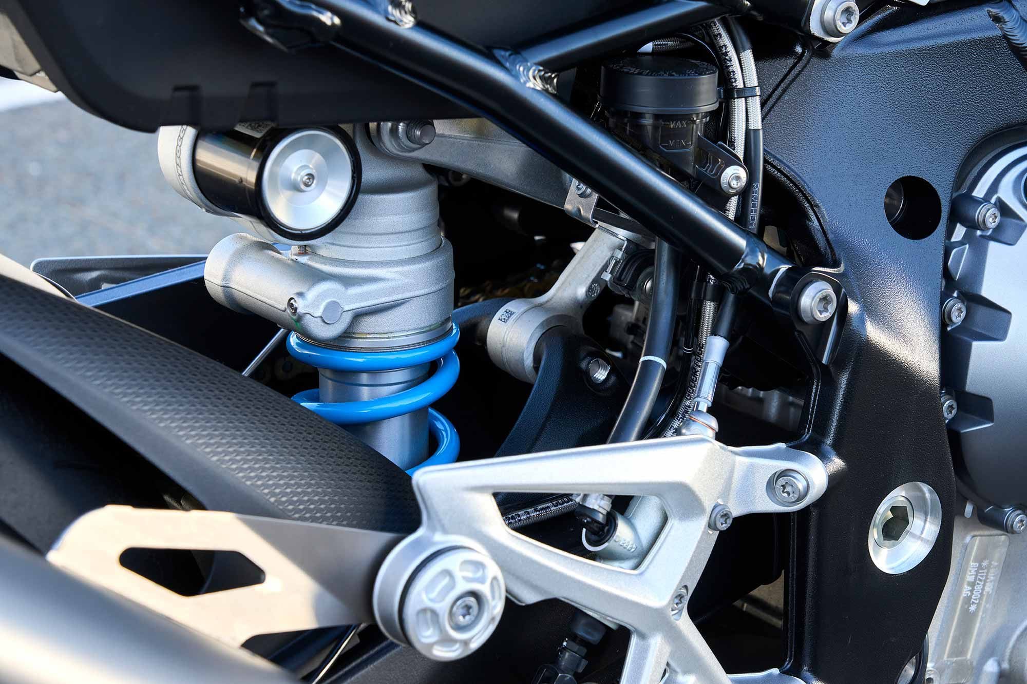 The DDC Marzocchi shock’s damping is controlled by the computer depending on the mode selected on the dash. Preload is still set manually.