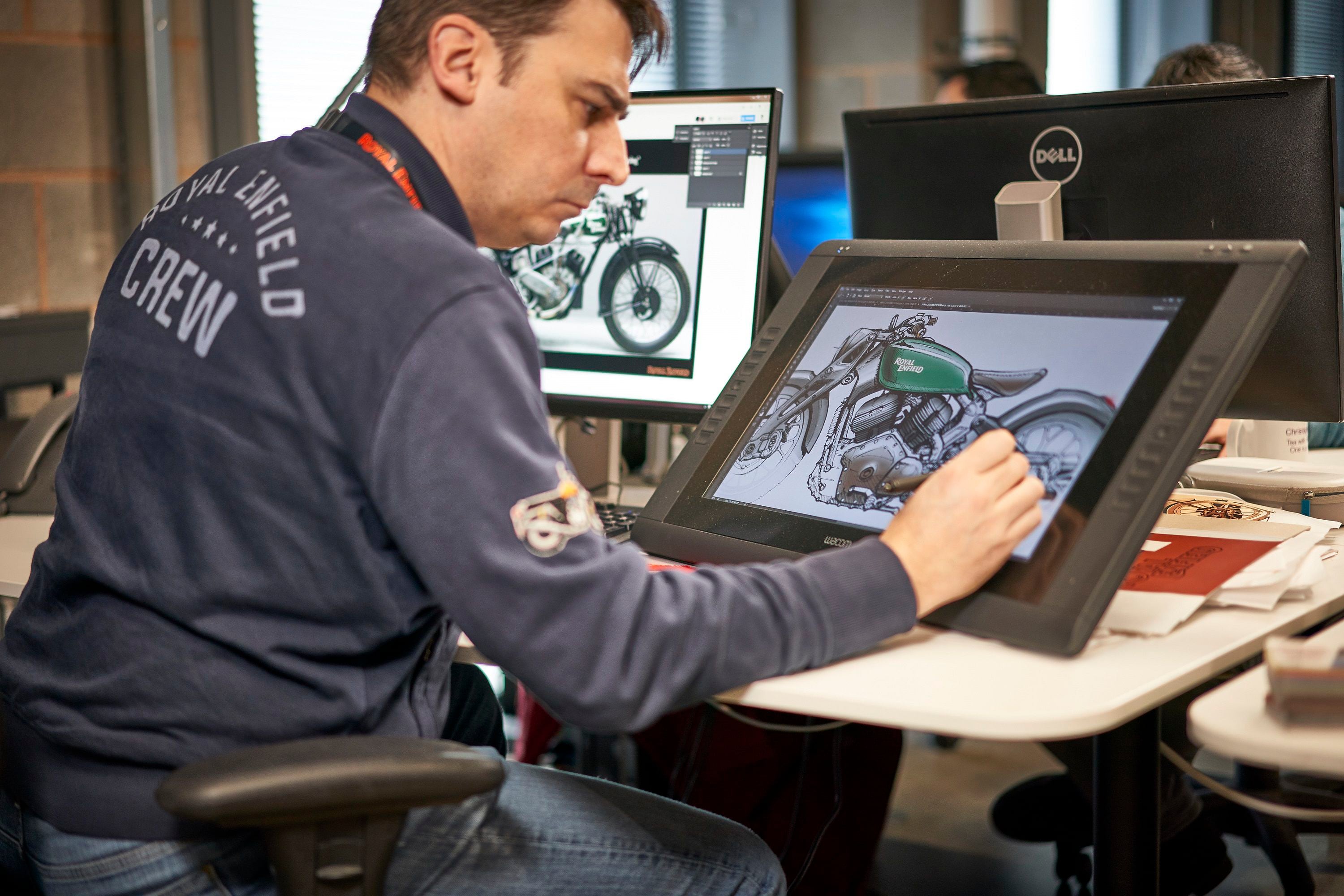 The company’s UK-based tech center is said to be fitting electric powertrains onto existing machines for testing. (Though that sketch looks like a cruiser concept…)