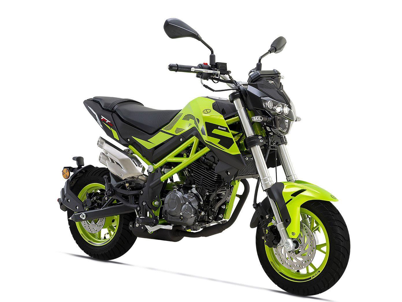 Mini but mighty? The TNT rolls on 12-inch wheels and is powered by a 135cc air-cooled single, but throws down with a 41mm USD fork, ABS, and a weight of just 266 pounds.