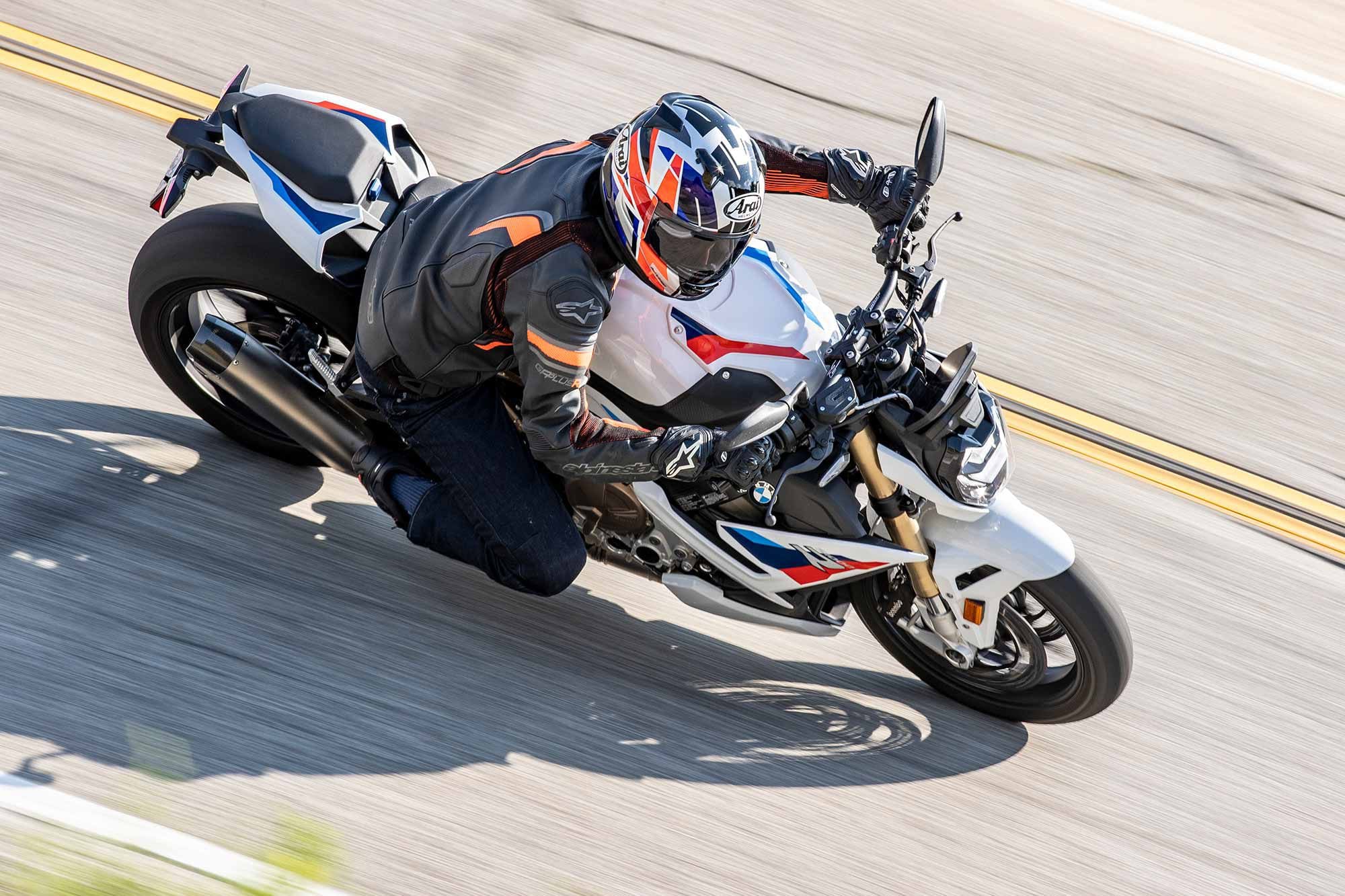 Steering is light on the 2022 BMW S 1000 R and is a breeze to ride around town and on backroads.