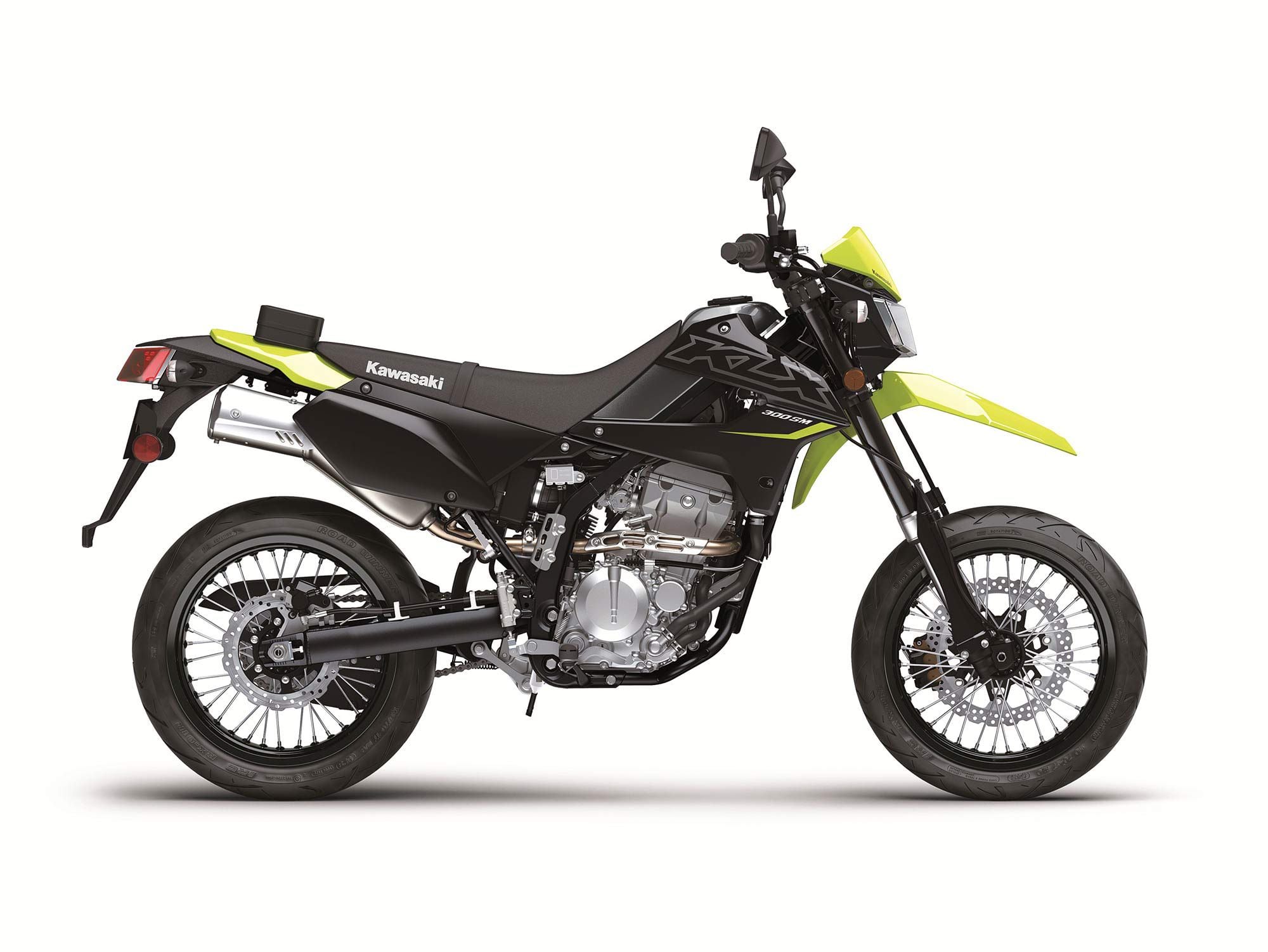 Supermoto-inspired bodywork and hardware separate the KLX300SM from the dual-sport models.