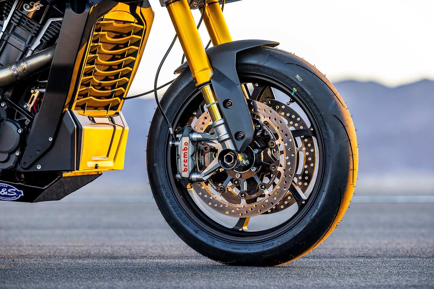 Stopping power is crucial on the big bagger, so race-spec Brembo M4 calipers and 330mm discs are enlisted up front.