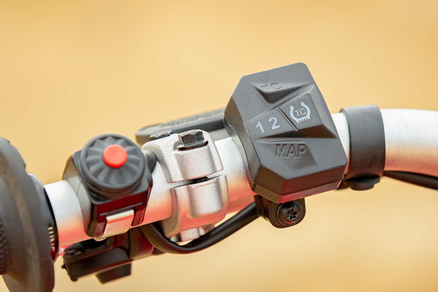 Although the GasGas models do not come standard with a map/traction control switch like the KTM and Husqvarna, the motocross bikes we tested were outfitted with them so we could compare the different settings for our review. The map/traction control switch can be purchased through the GasGas Technical Accessories catalog for $169, and the wire harness is designed to accept it.