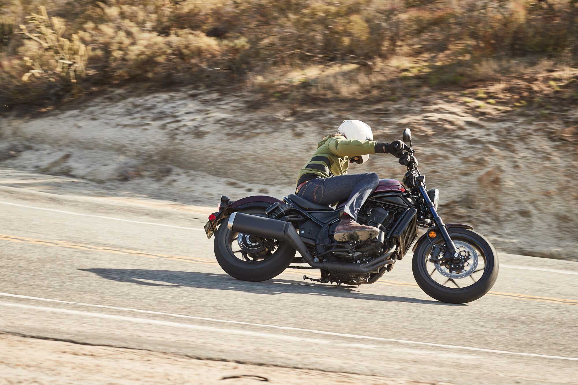 High mid-mounted footpegs help the Rebel achieve its 35-degree lean angle, but can result in cramped ergonomics for taller riders.