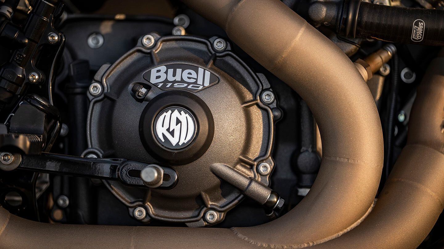 Buell’s liquid-cooled 1,190cc ET-V2 V-twin (presumably detuned) slots into the RSD-designed steel chassis on the concept.