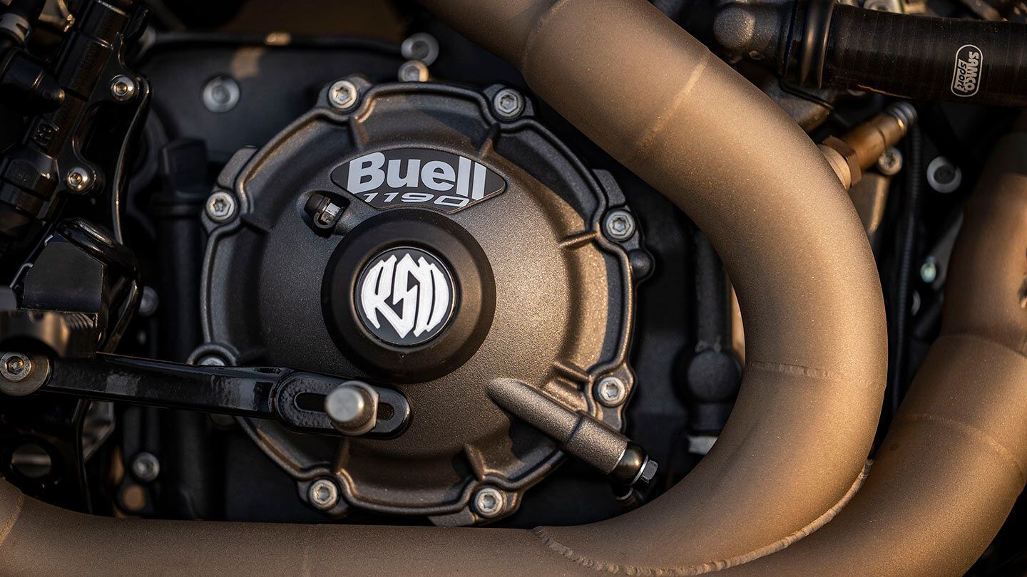 Buell’s liquid-cooled 1190cc ET-V2 V-twin (presumably detuned) slots into the RSD-designed steel chassis on the concept.