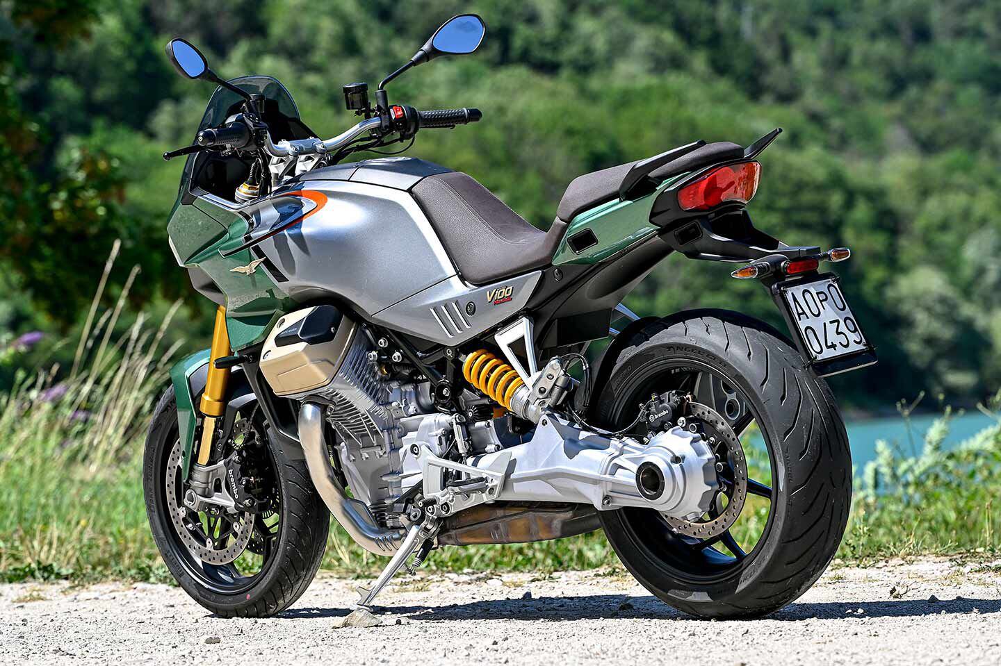 Moto Guzzi angled the drive shaft inward by 6 degrees to create clearance for a wider 190/55-17 rear tire.