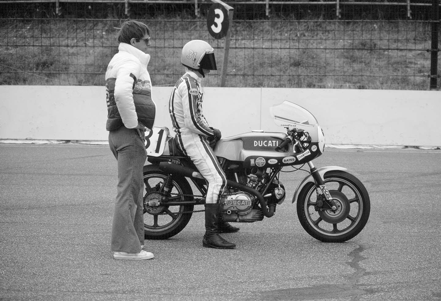 The legendary California Hot Rod Ducati campaigned by <i>Cycle</i> magazine editors Phil Schilling (standing) and Cook Neilson.
