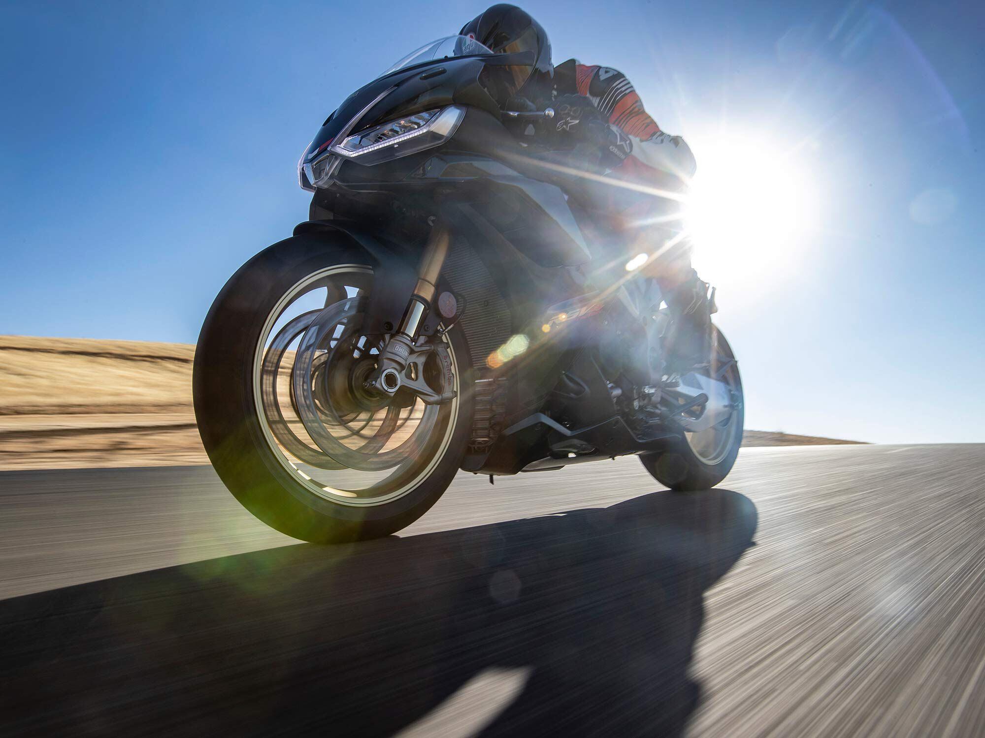 To the oncoming air, the front end of even the slickest superbike is messy.