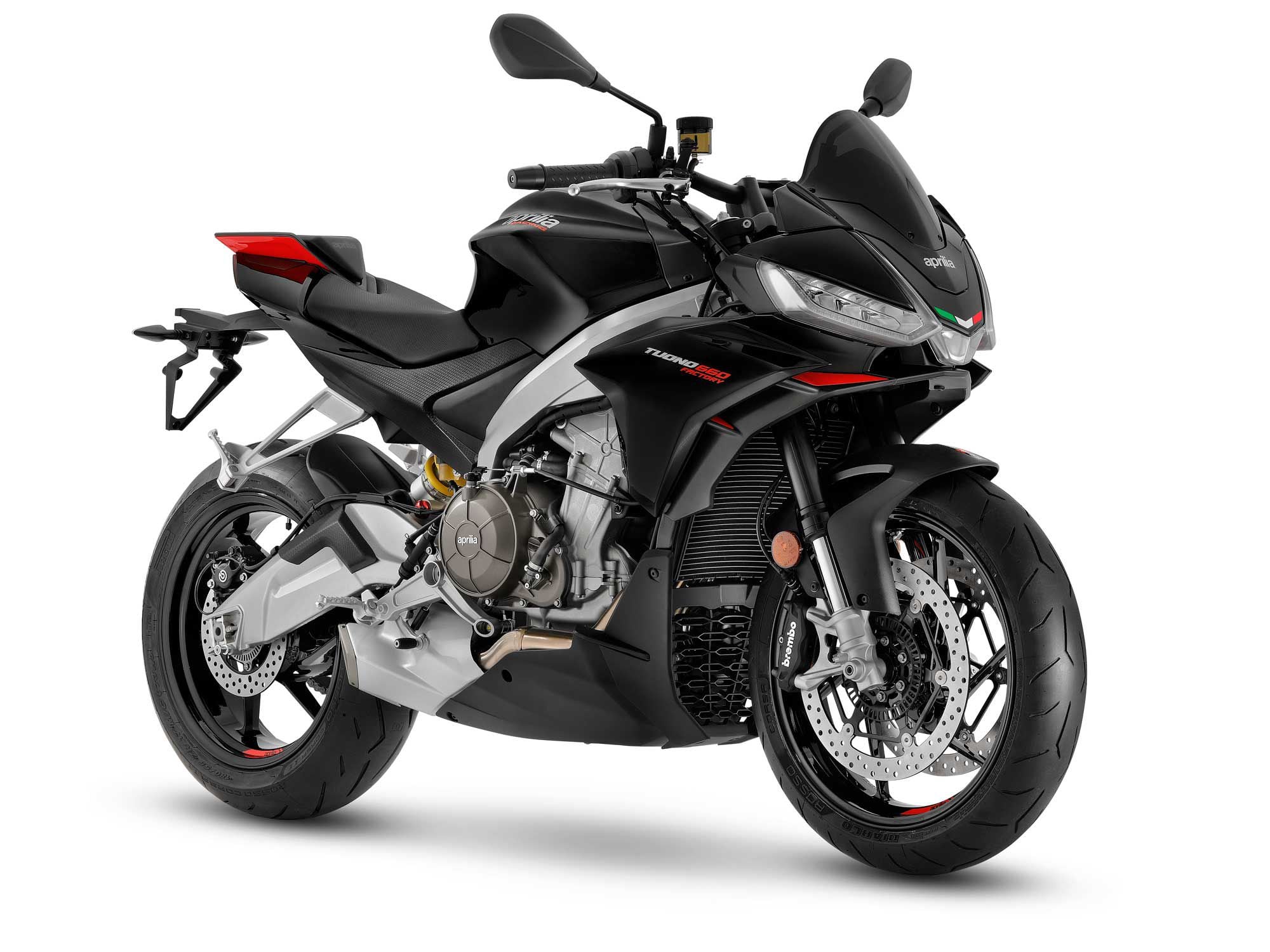 The 2022 Aprilia Tuono 660 Factory gets fully adjustable suspension, a six-axis IMU, a lithium-ion battery, and adaptive LED headlights.