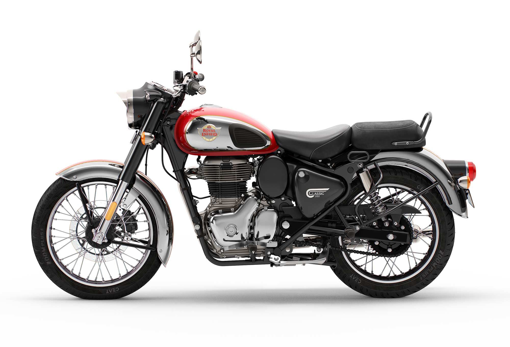 The Royal Enfield Classic 350 is available in nine colors. The matte-finished Dark Stealth Black and Dark Gunmetal Grey models feature 10-spoke alloy wheels and retail for $4,599. The Signals Desert Sand and Signals Marsh Grey models ($4,599) have military-inspired paint schemes and spoked wheels. Later this year, Royal Enfield will import the Halcyon series models which feature retro-inspired graphics for $4,499. The Chrome Red and Chrome Brown models ($4,699), which look particularly fetching in photos, are also forthcoming.