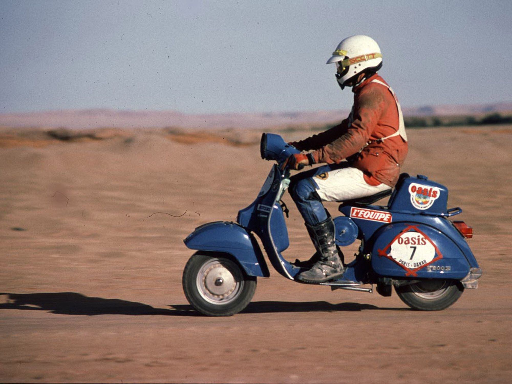 Race Paris-Dakar on a Vespa? It’s been done! Note the spare fuel can on the rear, and the desert-spec air filter.