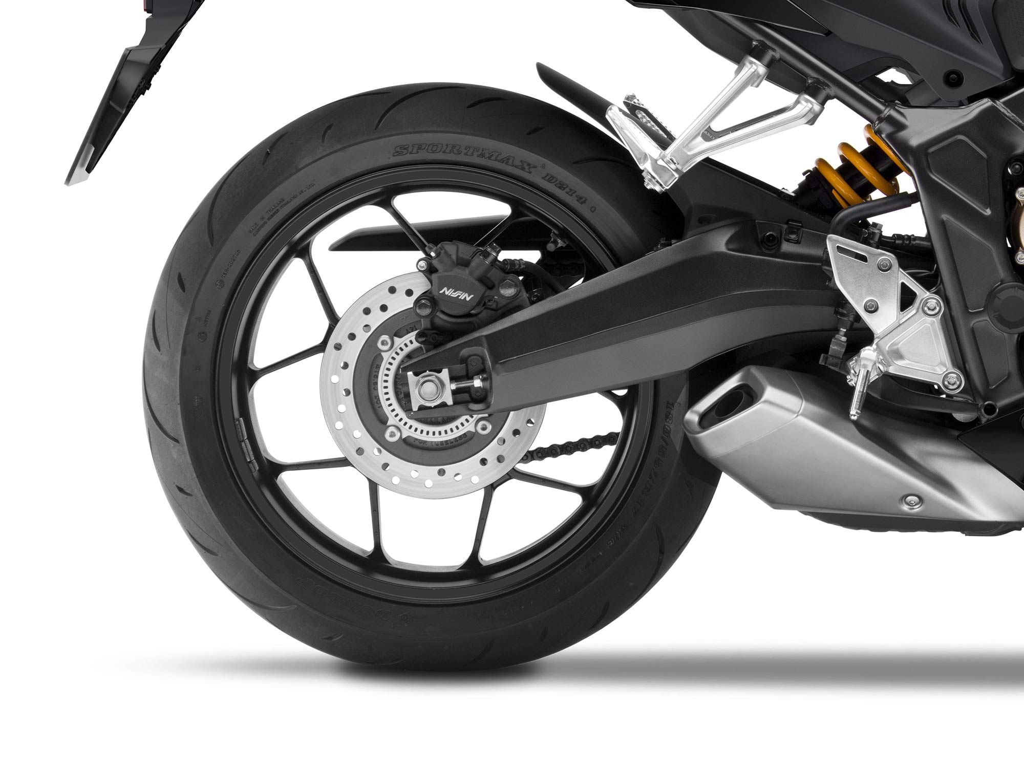 Y-spoke aluminum rims are wrapped in Dunlop Sportmax rubber.