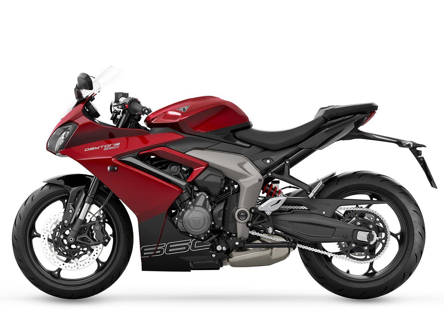 Left-side view of the Daytona 660 in Carnival Red.