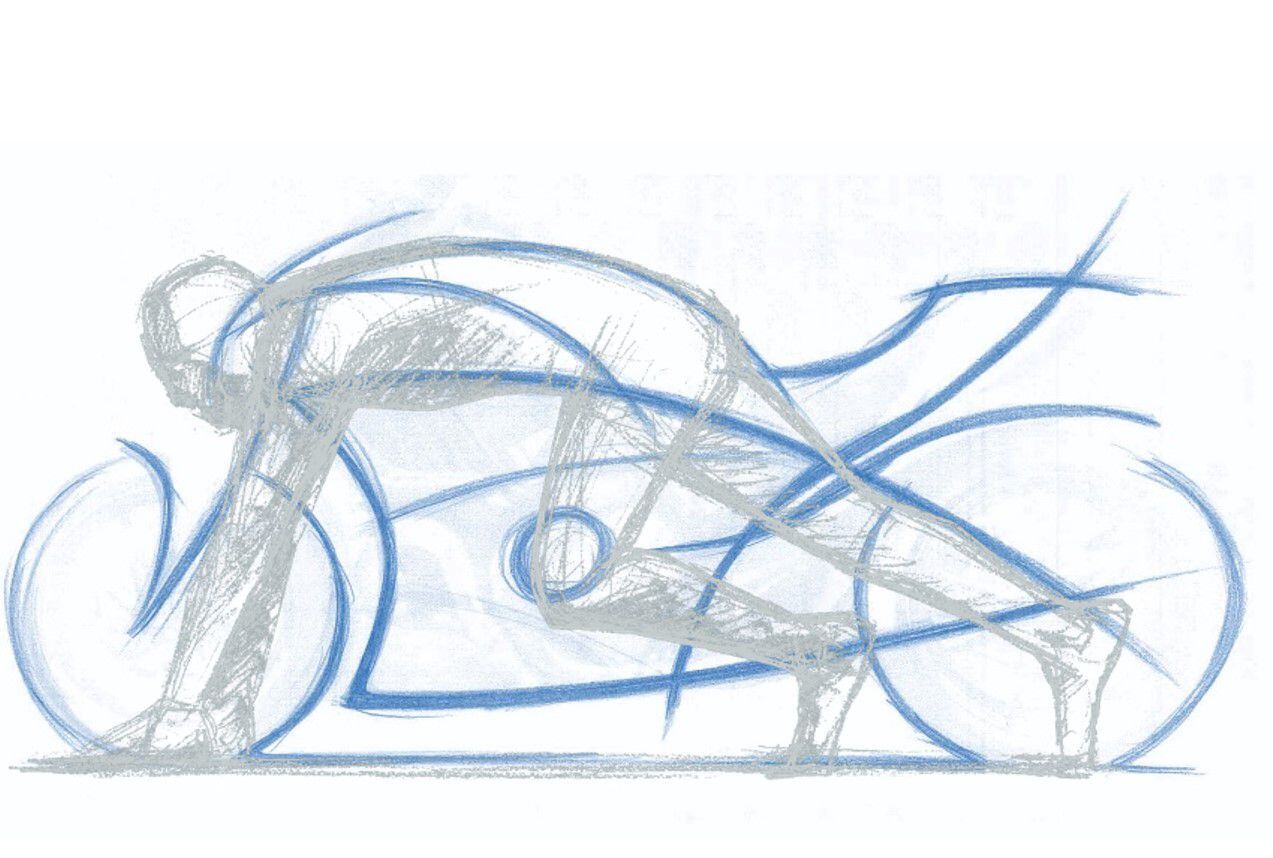 A design sketch of the first Diavel conveying the silhouette of a sprinter on the blocks.