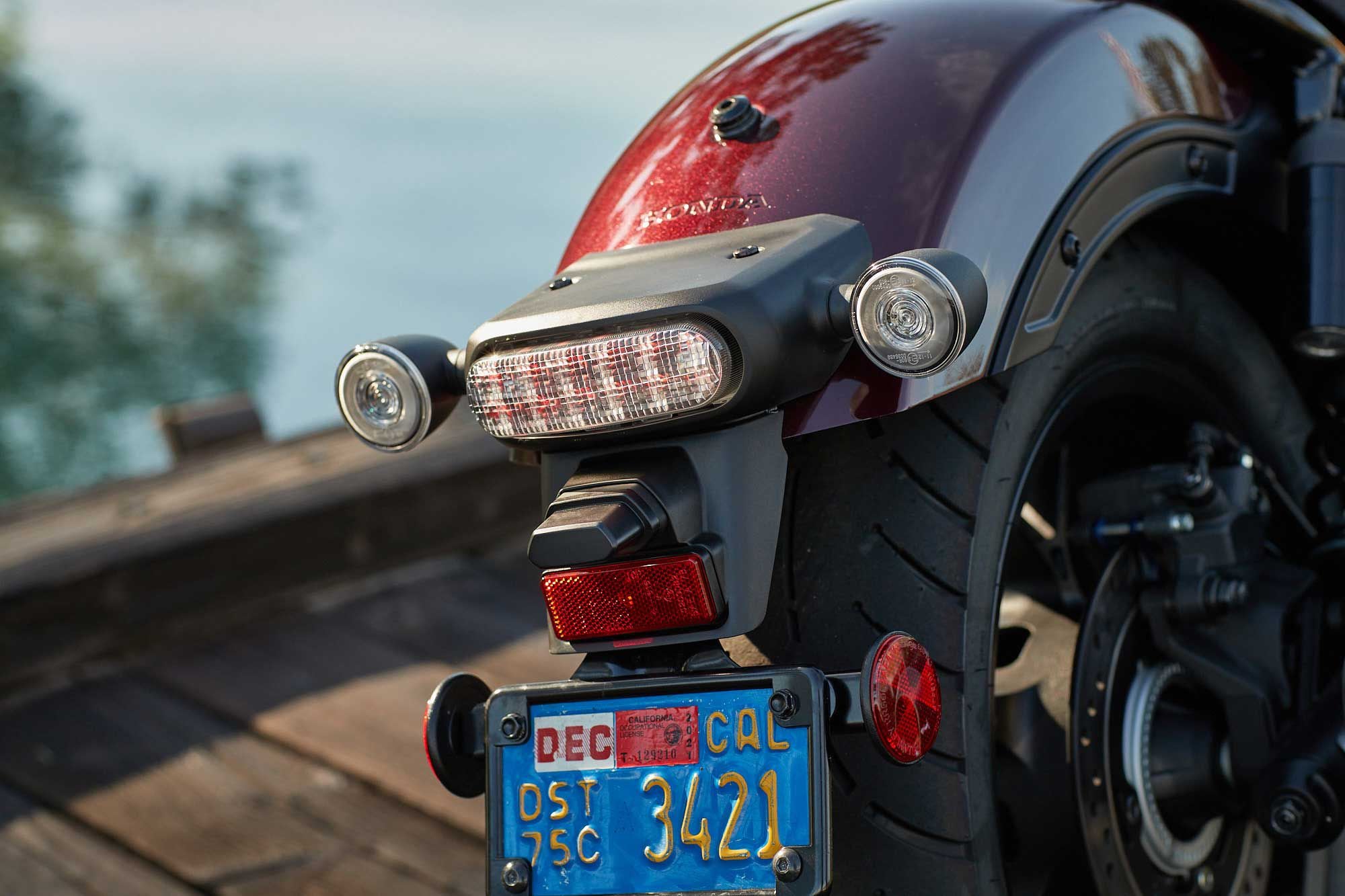 Plastic brake light housing and blinkers sit below a mount for an optional passenger seat on the 2021 Rebel 1100.