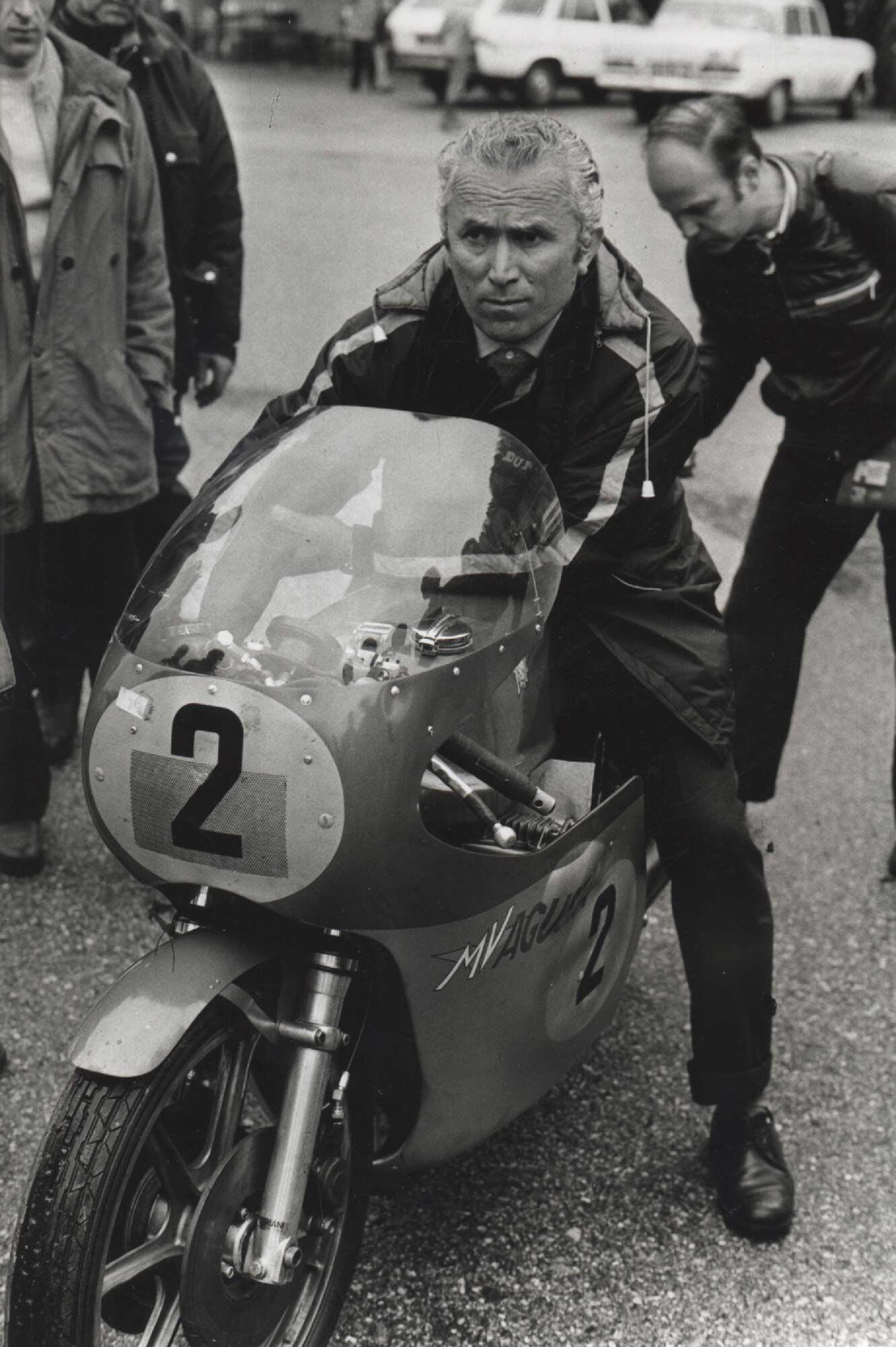 Il Maestro and one of his masterpieces: Arturo Magni aboard an MV Agusta 500 GP bike. As both technician and team manager, Magni had no peer.