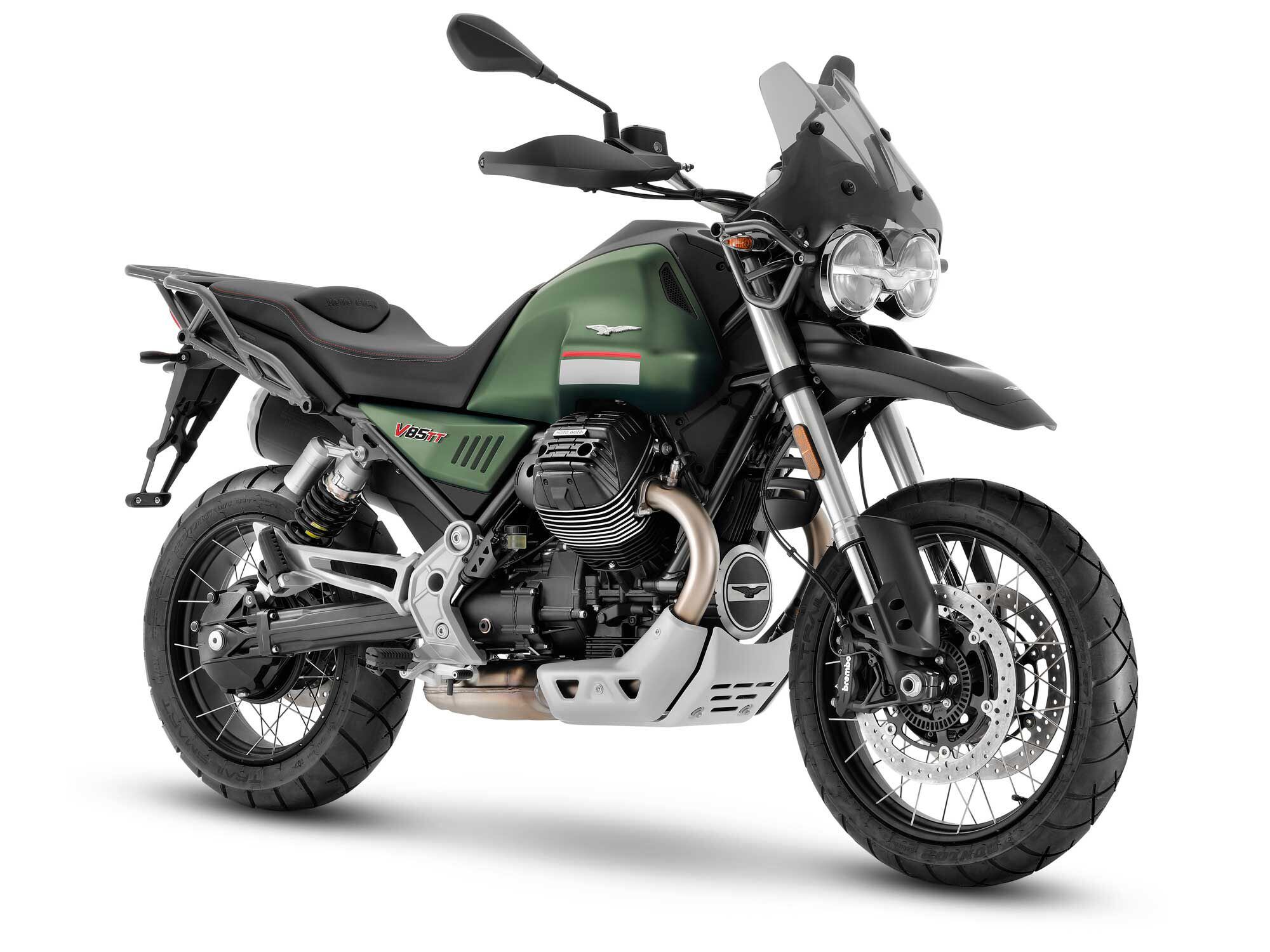 The base-model 2022 Moto Guzzi V85 TT comes equipped with a shorter windshield and no crashbars or centerstand.