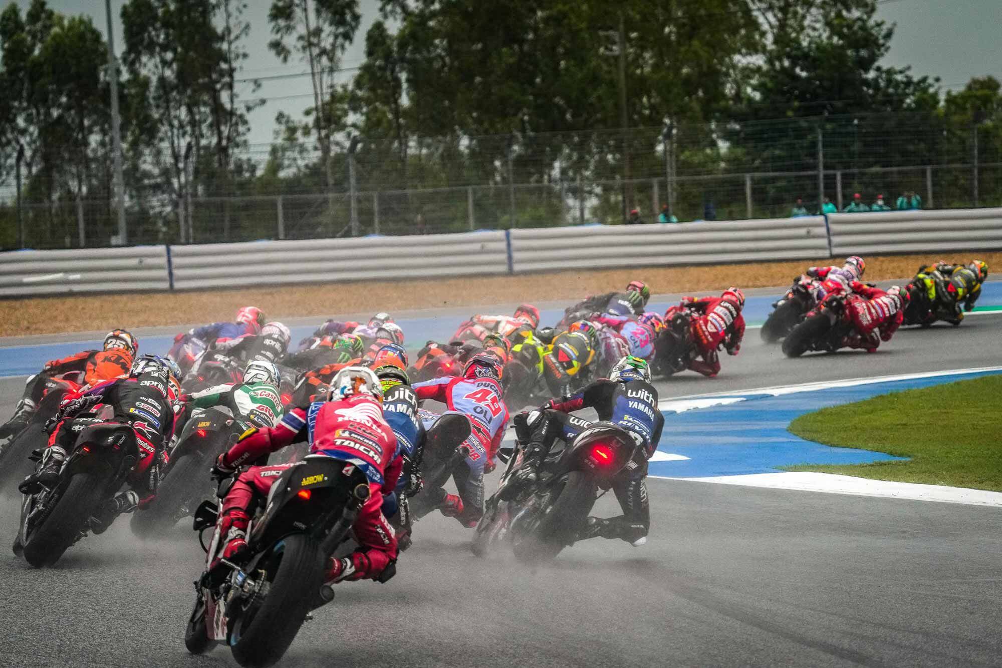 A one-word summary of the Thai MotoGP event: rain. Conditions were so wet for Moto2 that the race was stopped at the halfway point.