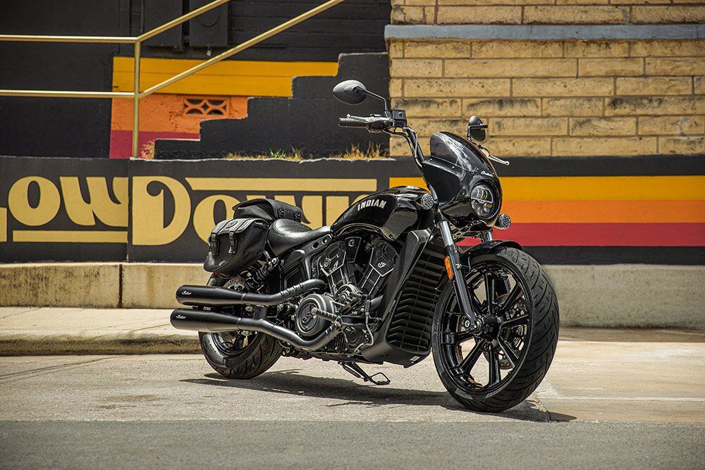 The 2022 Indian Scout Rogue in Black Metallic with a full suite of Indian Motorcycle accessories installed.