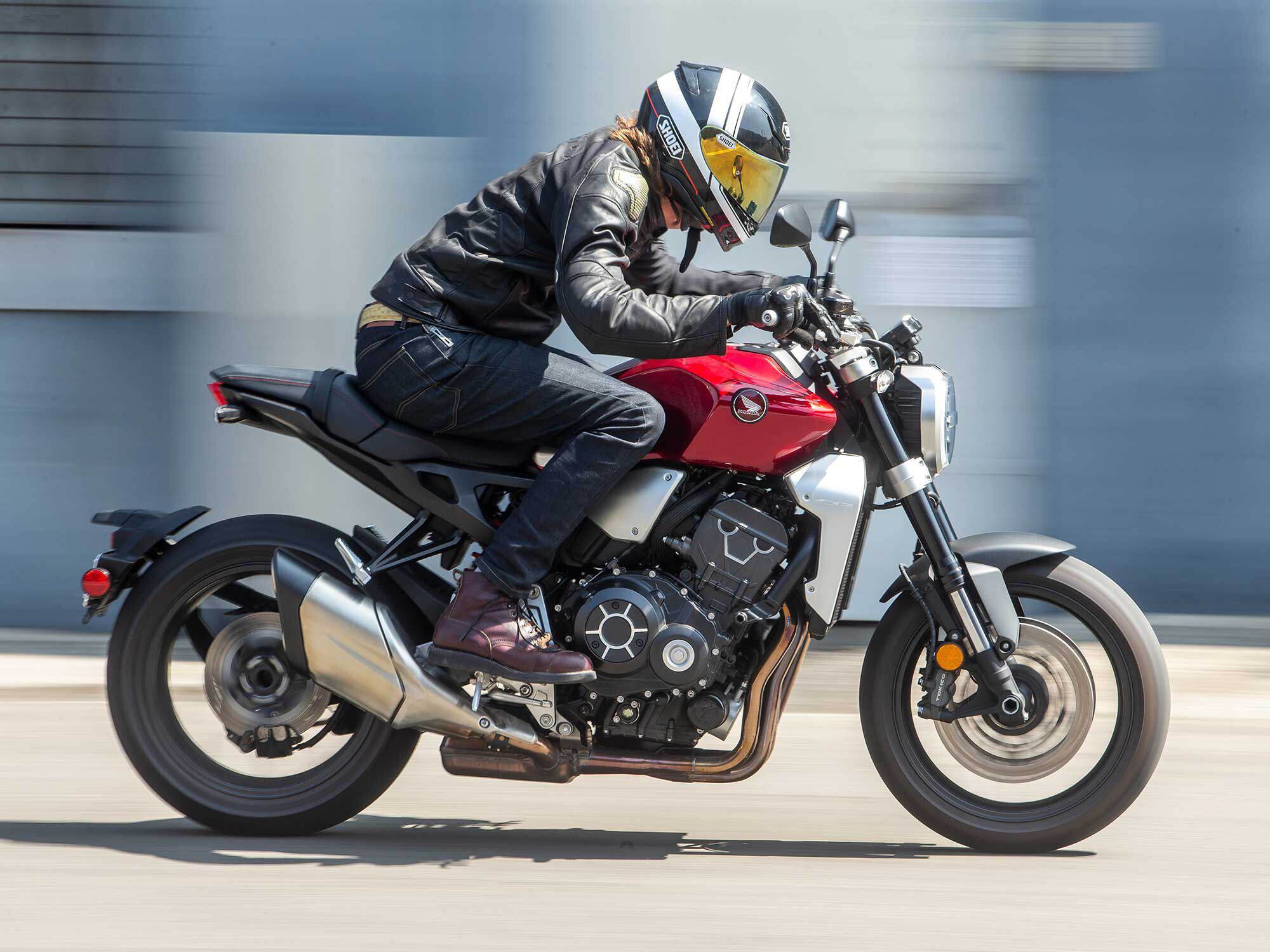 High footpegs result in an aggressive stance on Honda’s CB1000R. Morgan Gales, seen riding here, is 6 feet, 4 inches tall.