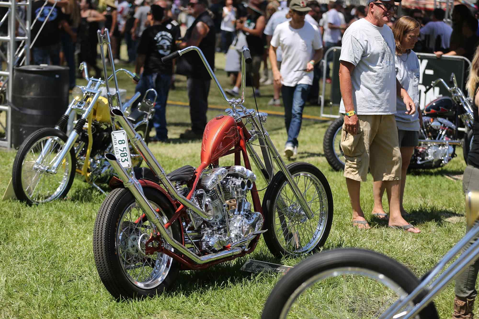 One of two award-winning Shovelhead choppers Rawhide Cycles brought out to Born-Free.