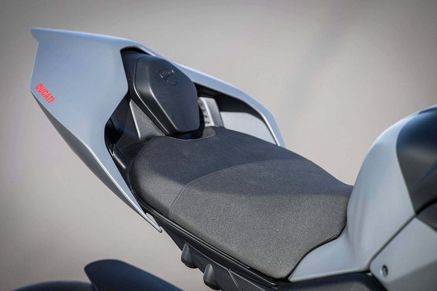 A new-for-2023 seat is flatter so that you’re not pushed toward the tank. The foam is 60mm thick, meaning the seat is surprisingly cushy too.