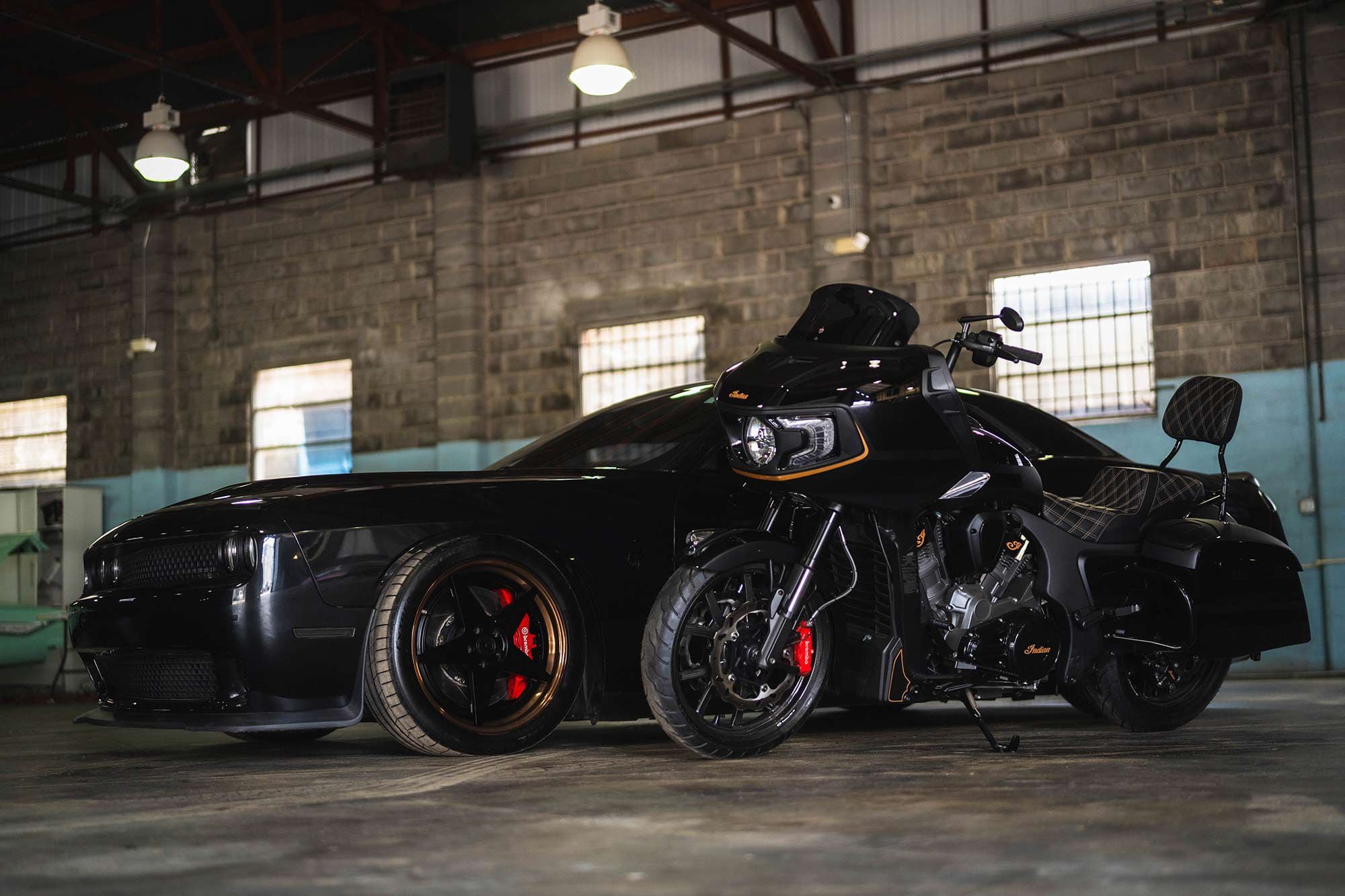 Mike’s Indian Challenger next to his Dodge Challenger SRT Hellcat.