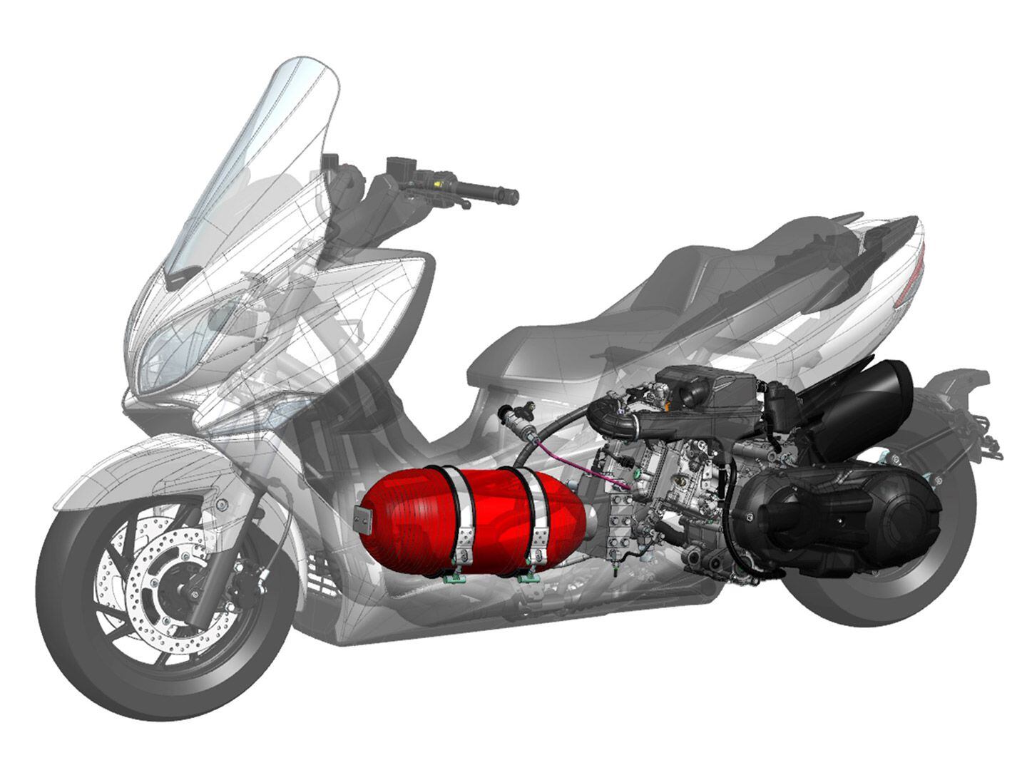 The latest hydrogen-powered prototype from Suzuki feeds hydrogen from its 10,000 psi tank to the modified 400cc internal combustion engine.