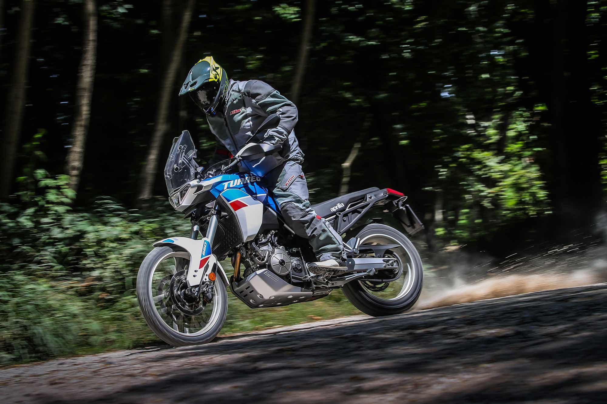 Standing on the Tuareg finds a narrow seat and tank with excellent ergonomics for control while off-road.