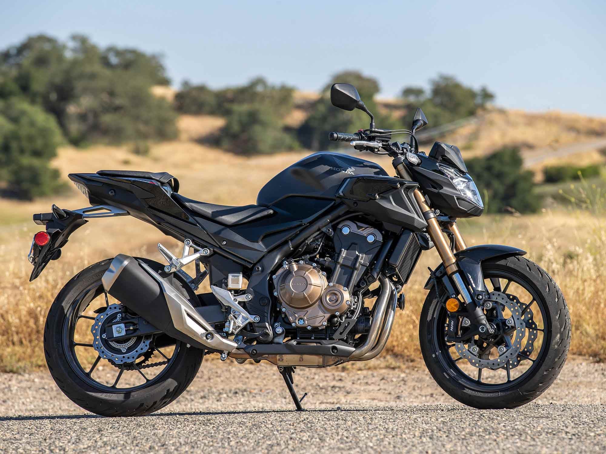 The CB500F differentiates itself from the CBR model with a wider, one-piece handlebar and minimal bodywork.