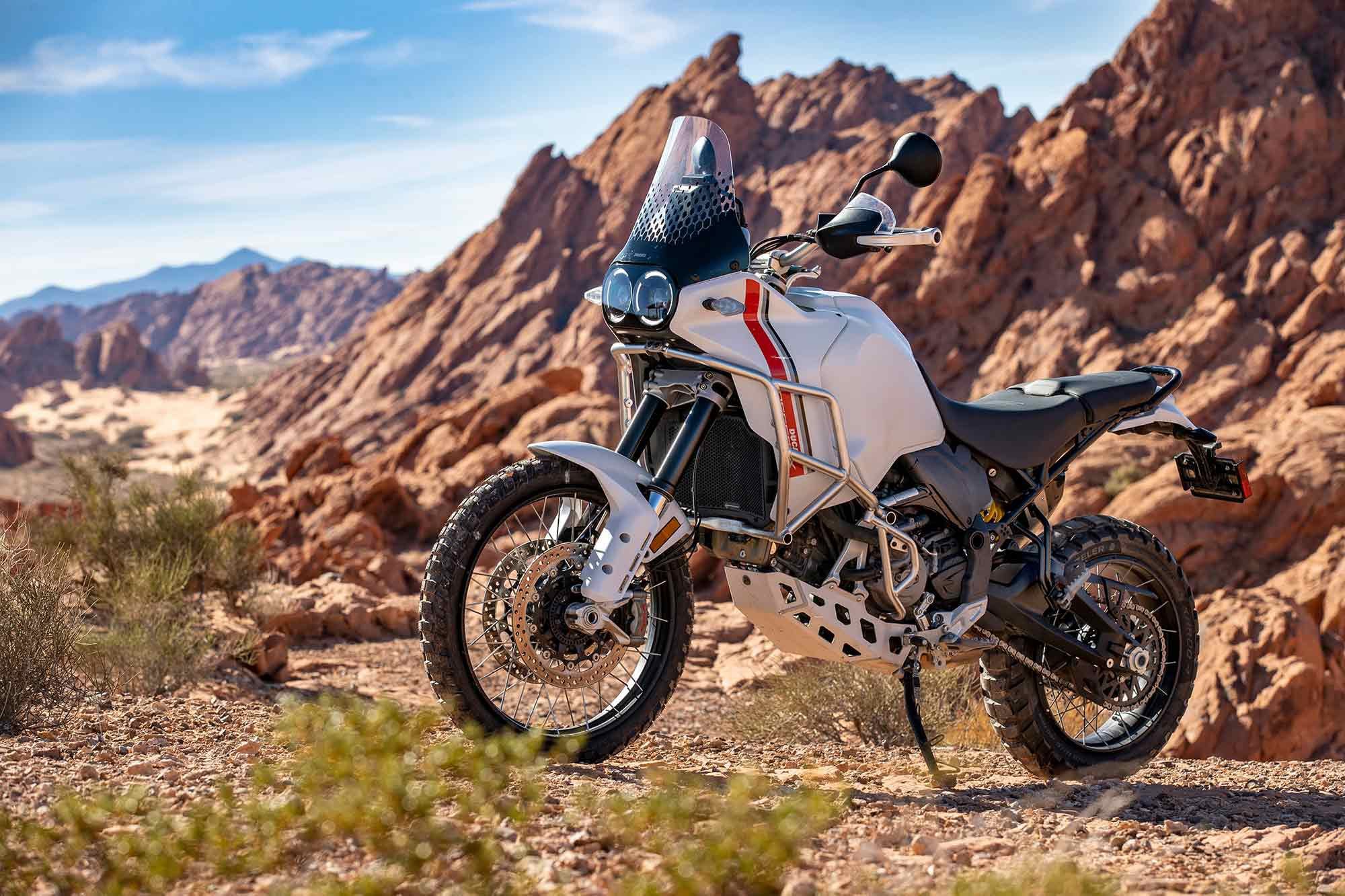 Fit with crashbars, aluminum hand guards, skid plate, and Termignoni exhaust, our DesertX test unit tips the scales at 518 pounds with a full tank.