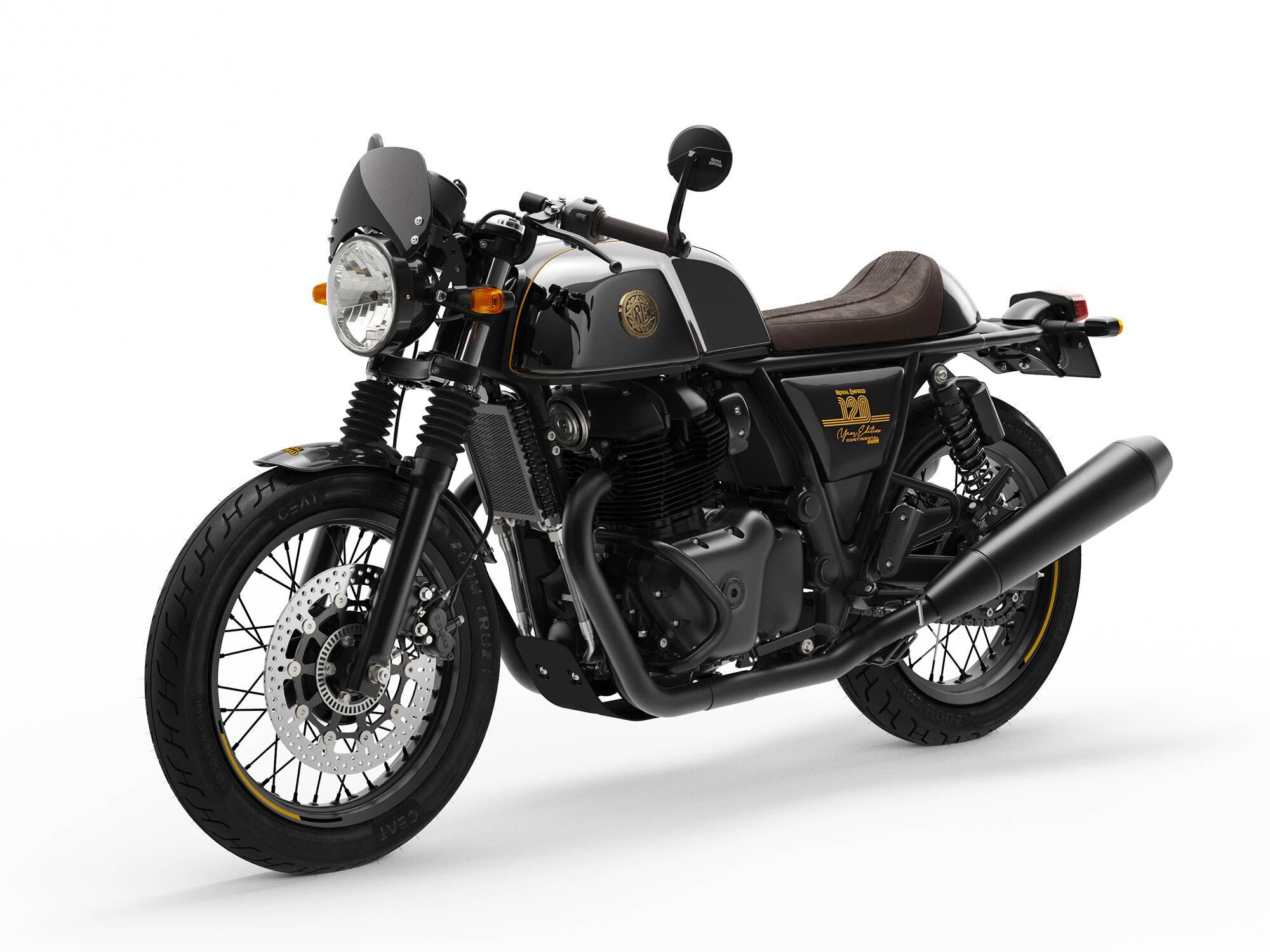 The black-chrome coloring of the 120th Anniversary Continental 650 is accented by blacked-out components including the engine and exhaust, a first for Royal Enfield.