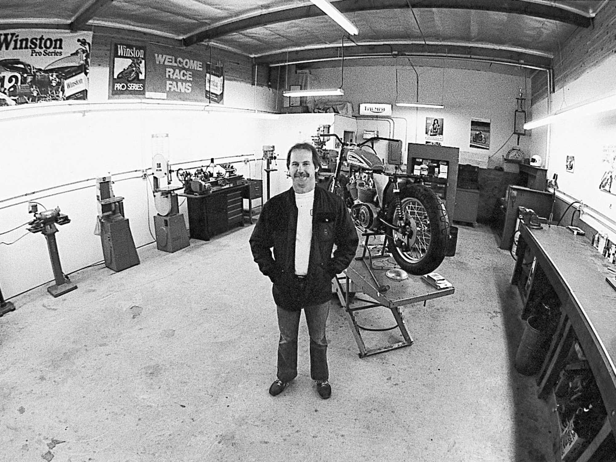 The first Storz Performance shop in Ventura, California, in 1981. Here Storz developed a 42mm Ceriani fork for Sportsters, and Superbike Bar Mounts for Ninja 600s, early successful street products.