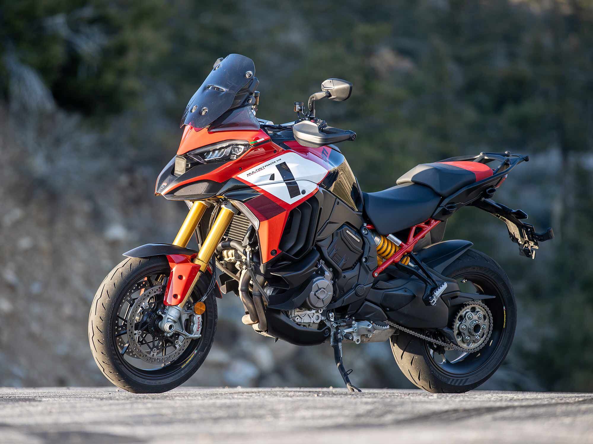 The 2022 Multistrada V4 is a menace even sitting still. The Desmosedici GP21-inspired livery reminds of its racing roots.