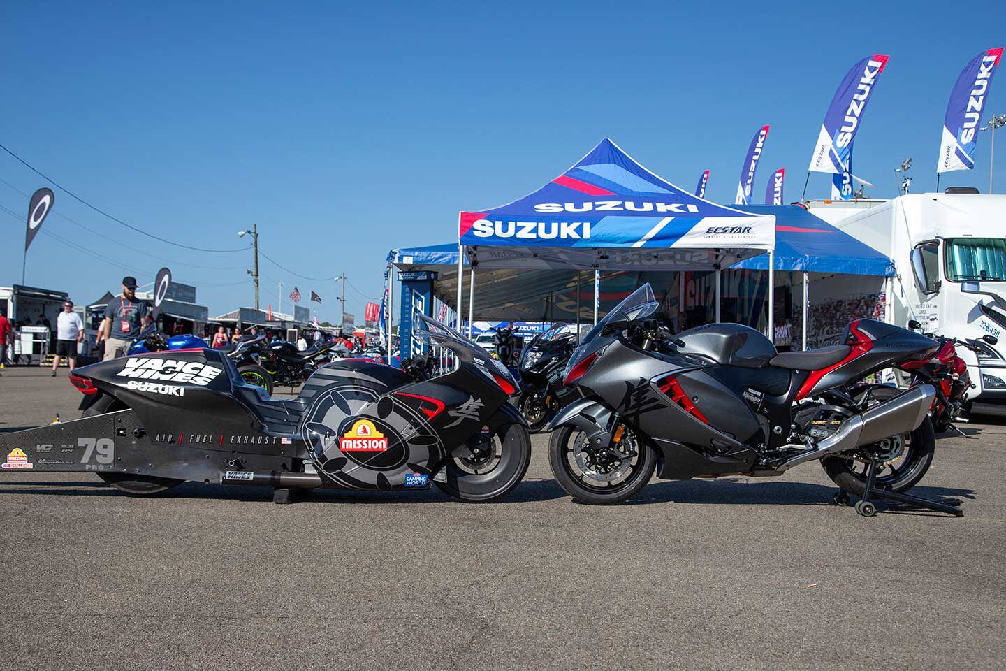 A stock 2023 Suzuki Hayabusa compared to the Gen III Pro Stock racer.