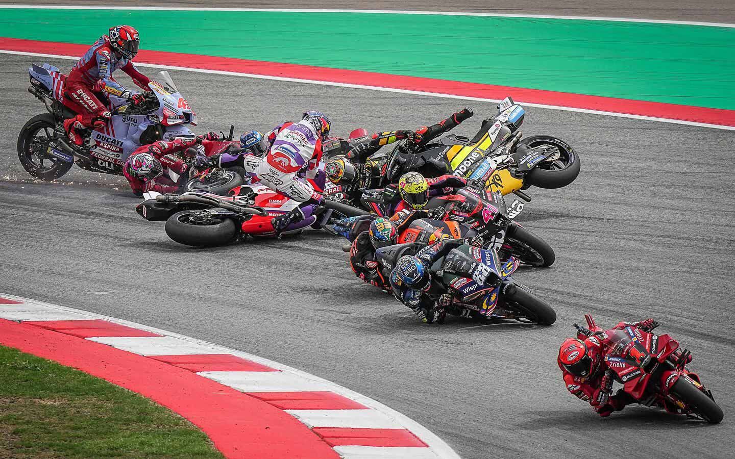 The first turn pile-up included Bastianini, Zarco, Marco Bezzecchi, plus Gresini riders Alex Márquez and Fabio Di Giannantonio.