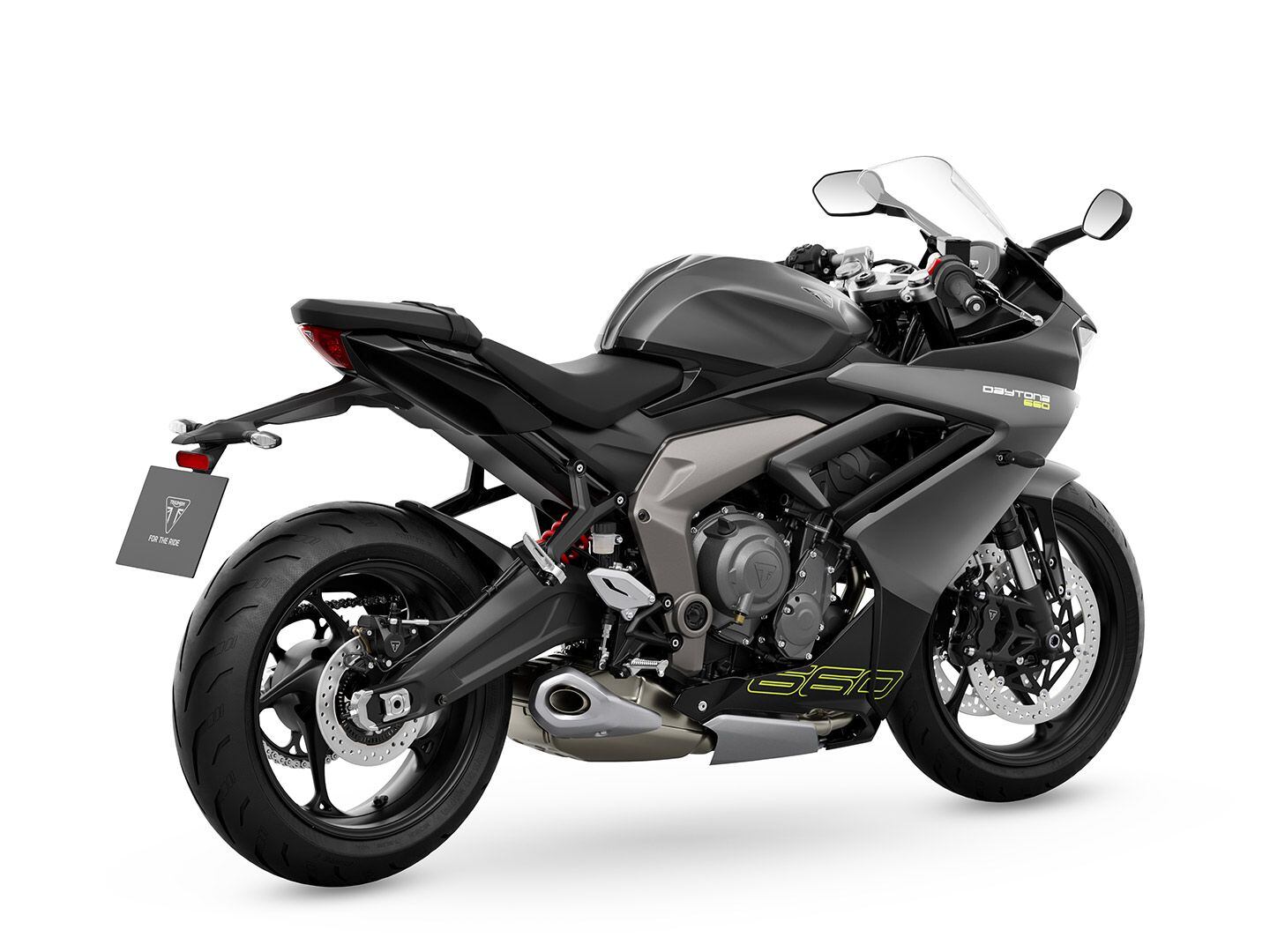 Rear three-quarter of the Daytona 660 in Satin Granite.