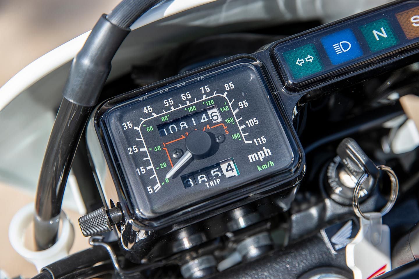Sometimes less is more. The XR650L’s dash displays an analog speedometer, odometer, tripmeter, and a few indicator lights. (2023 model shown.)