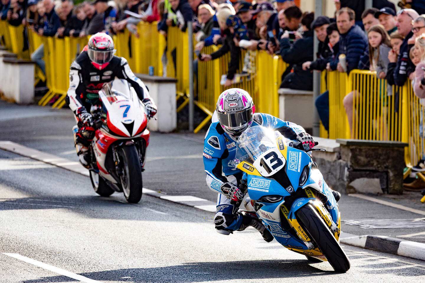 Lee Johnston (13), winner of the 2019 Supersport TT on his BMW S 1000 RR Superbike, leads Gary Johnson (7) on his Triumph 675 Supersport. Only during practice sessions are bike categories combined.
